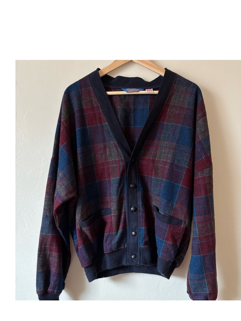 Vintage 100% Wool Pendleton Men's Plaid Cardigan - Navy & Burgundy & Gray